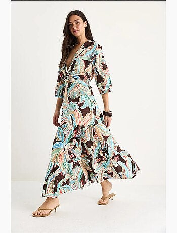 Robe longue en popeline à motif ethnique col en v et dos smocké lucci
