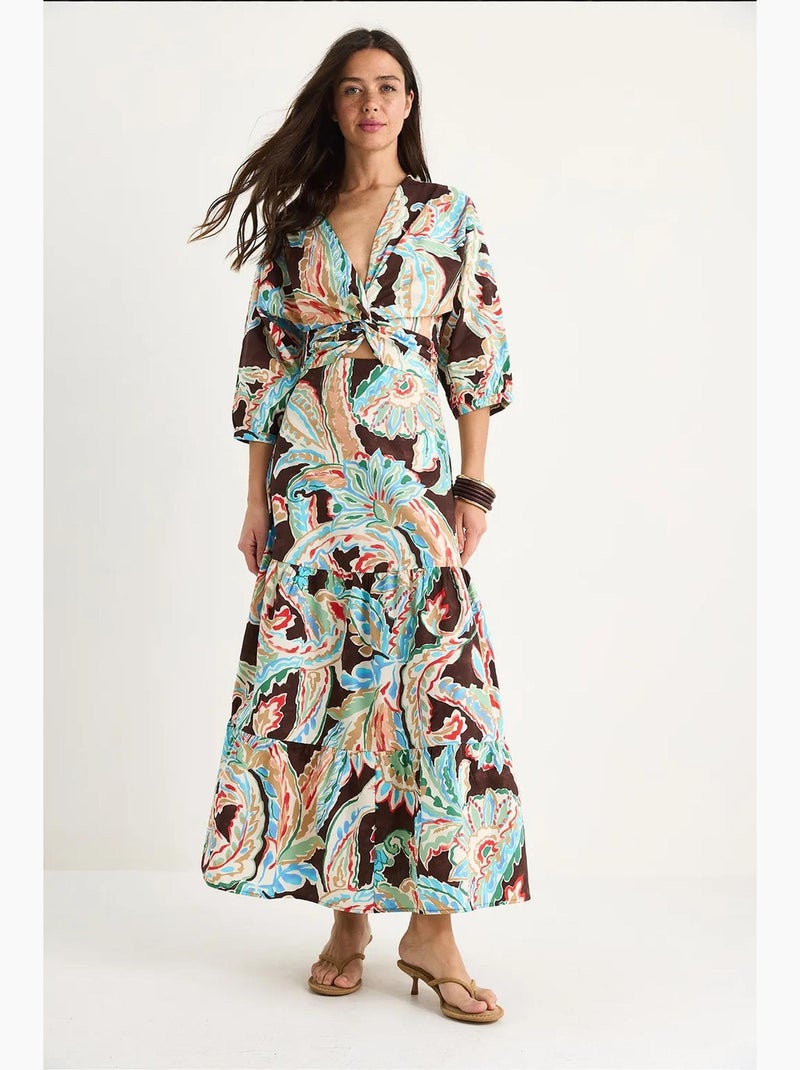 Robe longue en popeline à motif ethnique col en v et dos smocké lucci Marron - Kiabi