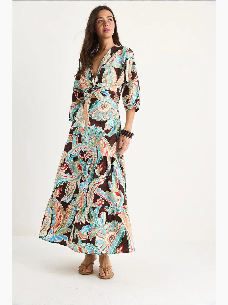 Robe longue en popeline à motif ethnique col en v et dos smocké lucci Marron - Kiabi