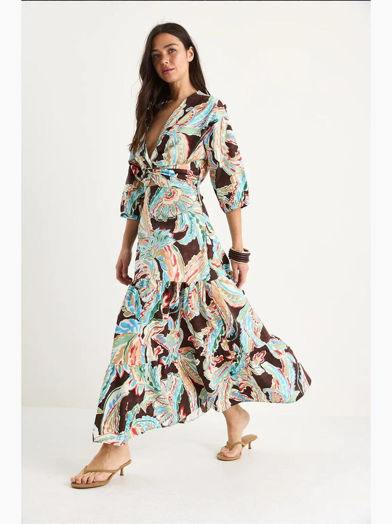 Robe longue en popeline à motif ethnique col en v et dos smocké lucci Marron - Kiabi