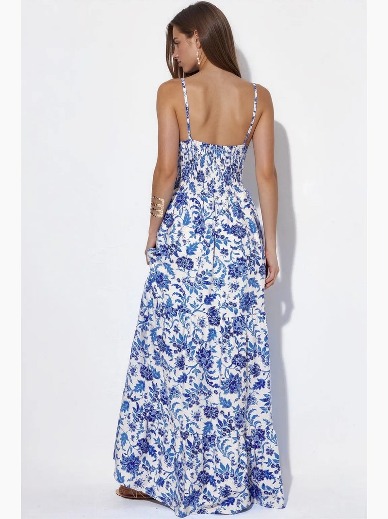Robe longue en satin à fleurs avec plis busem Blanc Bleu - Kiabi