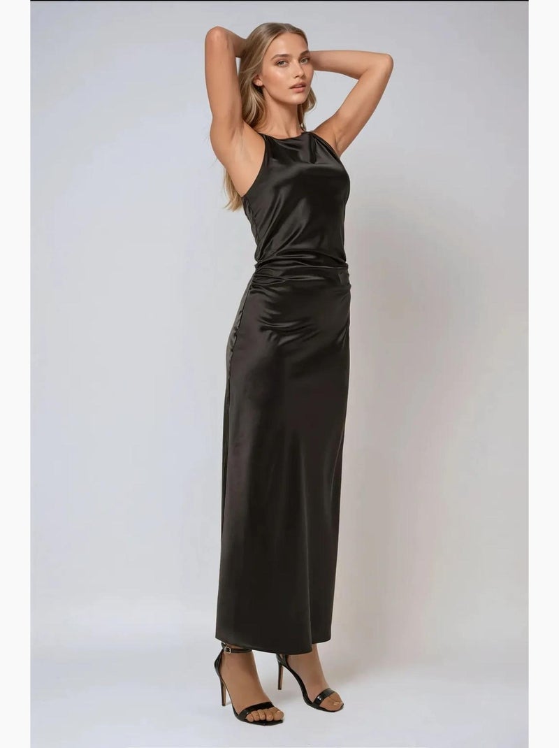 Robe longue en satin hiccup Noir - Kiabi