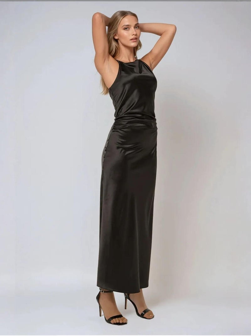 Robe longue en satin Noir - Kiabi