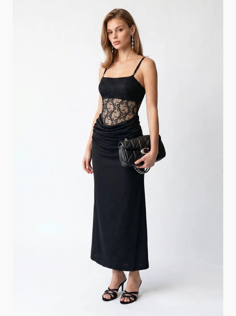 Robe longue en satin sans manches à col carré mixray Noir - Kiabi