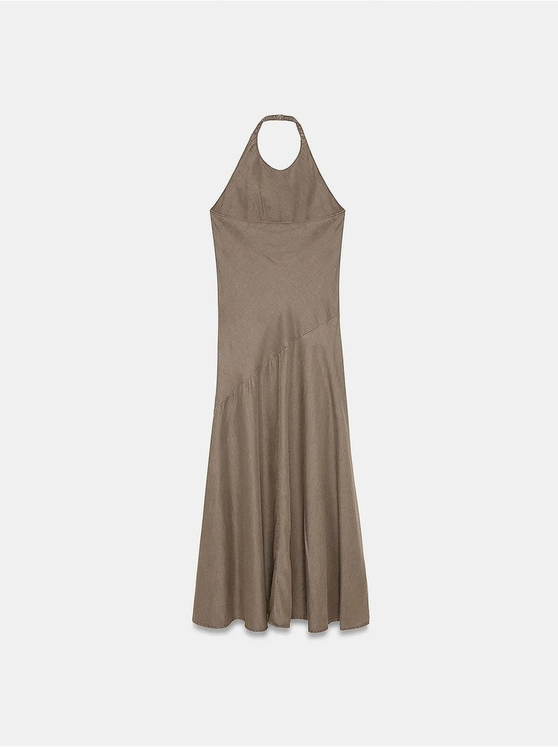 Robe longue en tencel à col halter dilvin Kaki - Kiabi