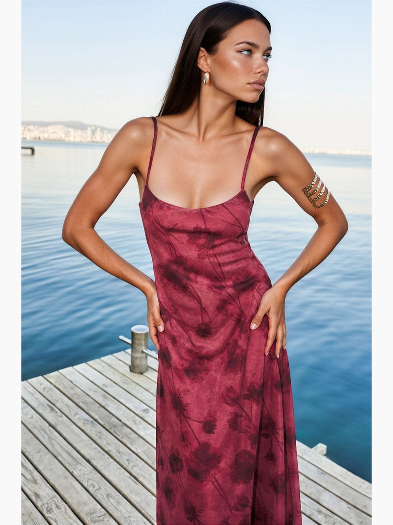 Robe longue en tulle à fleurs à bretelles hiccup Rouge bordeaux - Kiabi