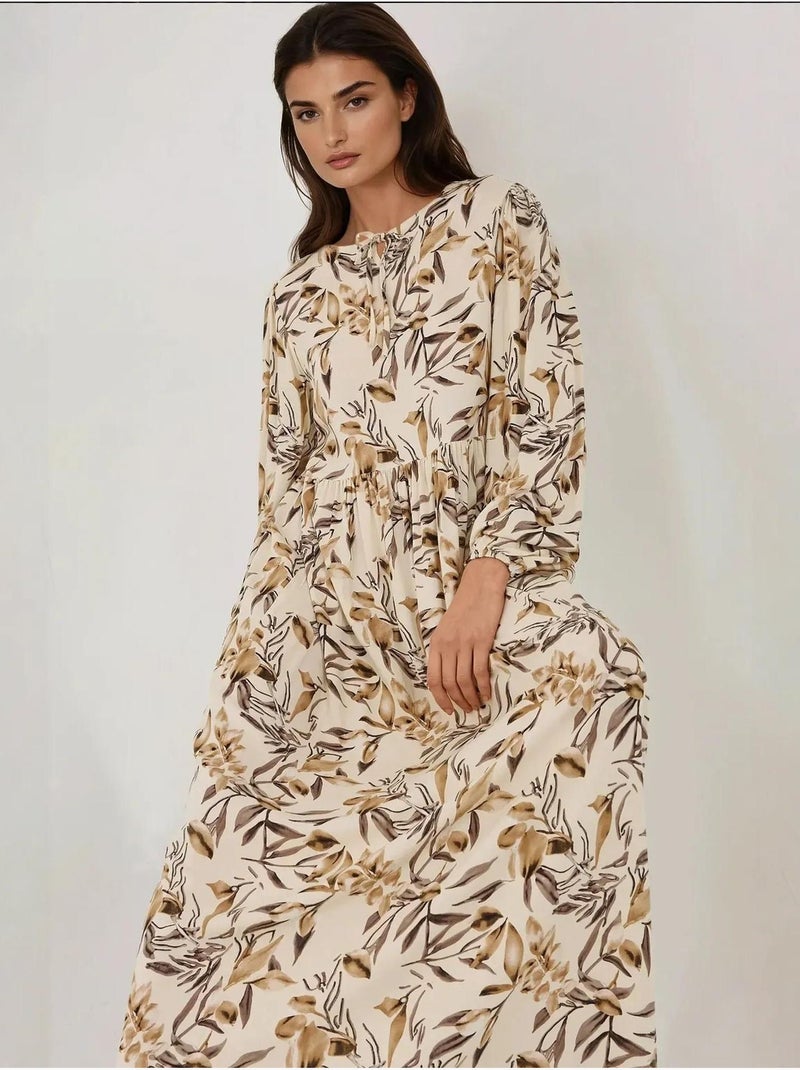 Robe longue en viscose à manches longues et imprimé floral Beige naturel - Kiabi
