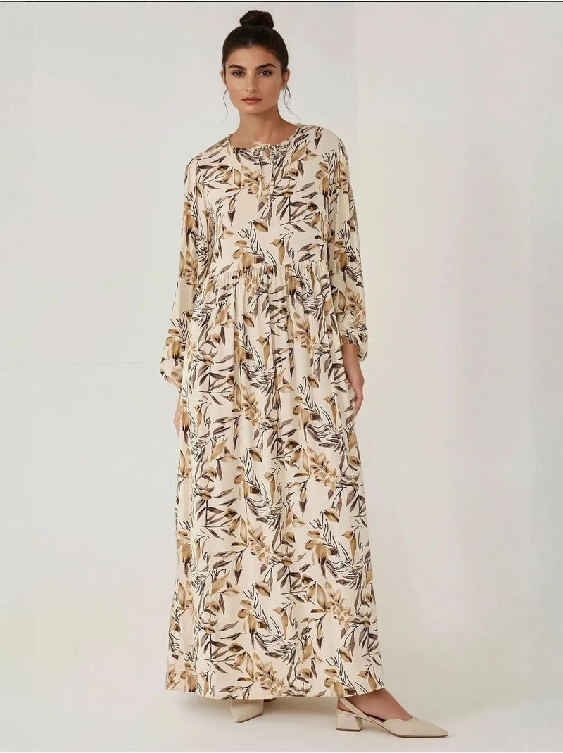 Robe longue en viscose à manches longues et imprimé floral Beige naturel - Kiabi