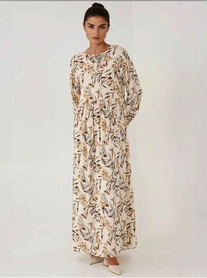 Robe longue en viscose à manches longues et imprimé floral Beige naturel - Kiabi