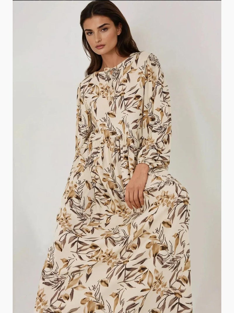 Robe longue en viscose à manches longues et imprimé floral hiccup Beige naturel - Kiabi