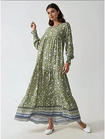 Robe longue en viscose imprimée à col ras du cou