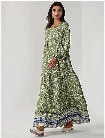 Robe longue en viscose imprimée à col ras du cou