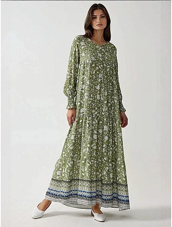 Robe longue en viscose imprimée à col ras du cou