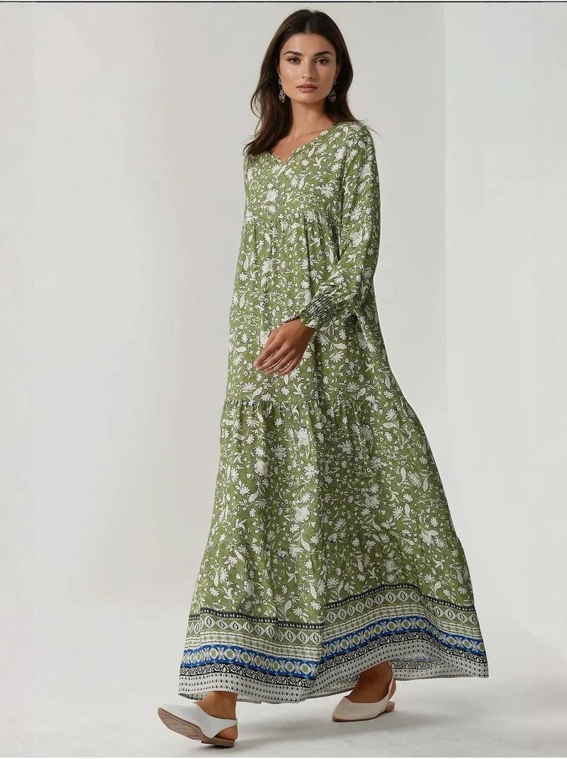 Robe longue en viscose imprimée à col ras du cou Vert kaki - Kiabi