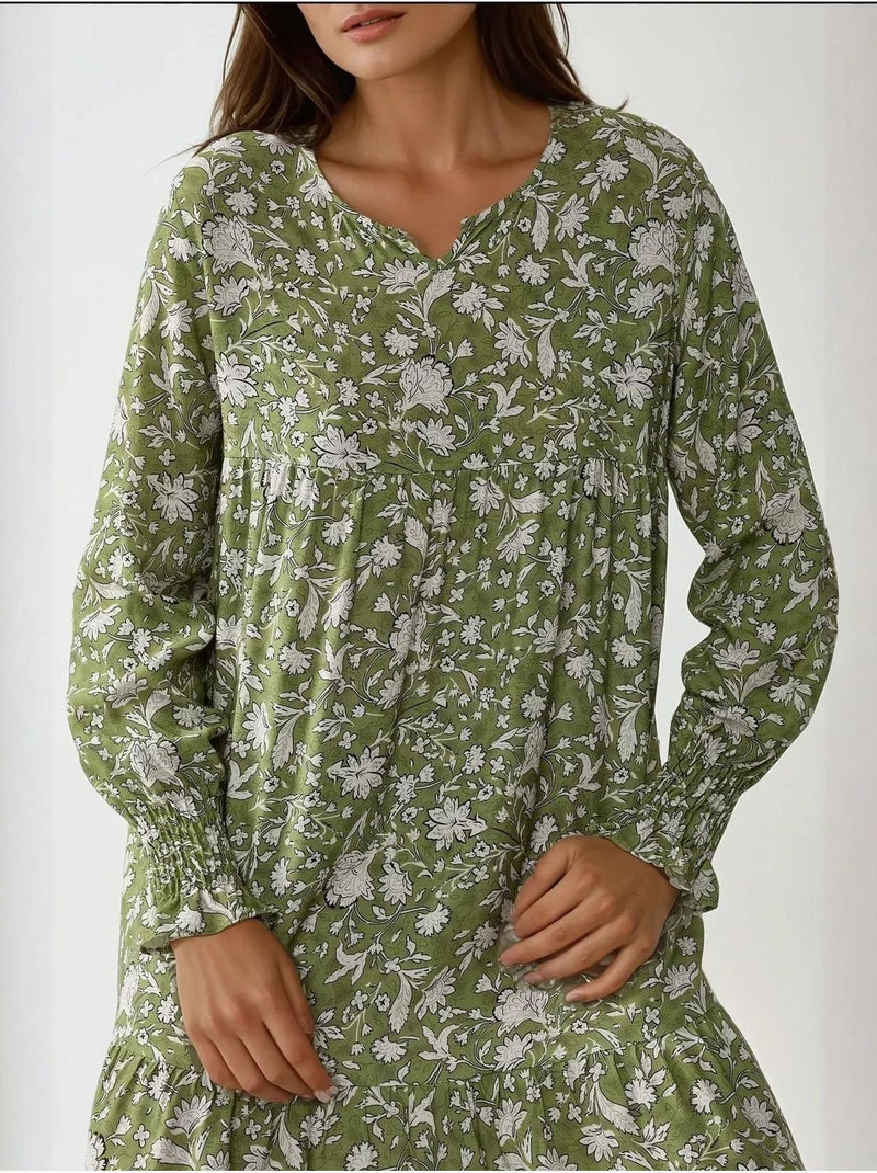 Robe longue en viscose imprimée à col ras du cou Vert kaki - Kiabi