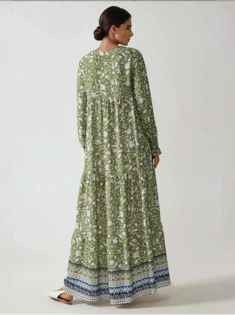 Robe longue en viscose imprimée à col ras du cou Vert kaki - Kiabi