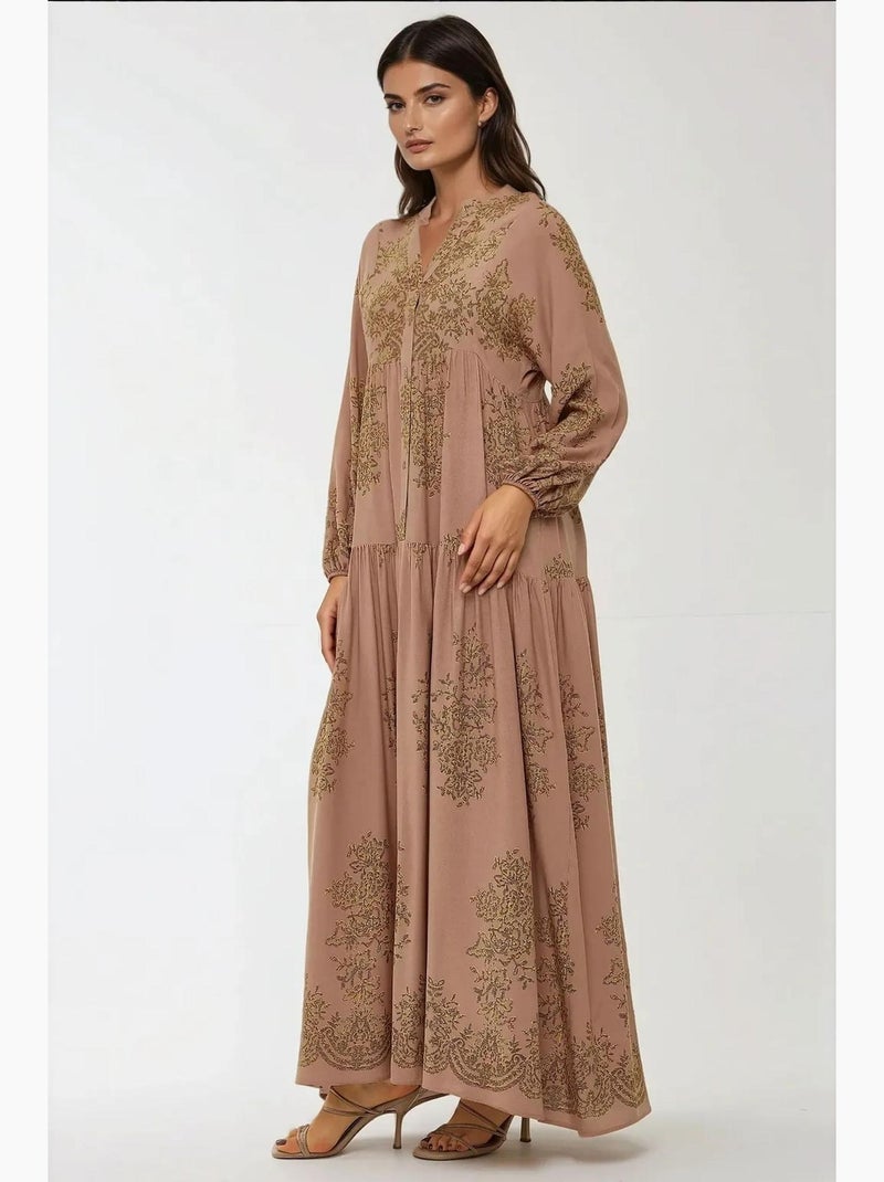 Robe longue en viscose imprimée avec col chemise hiccup Marron clair - Kiabi