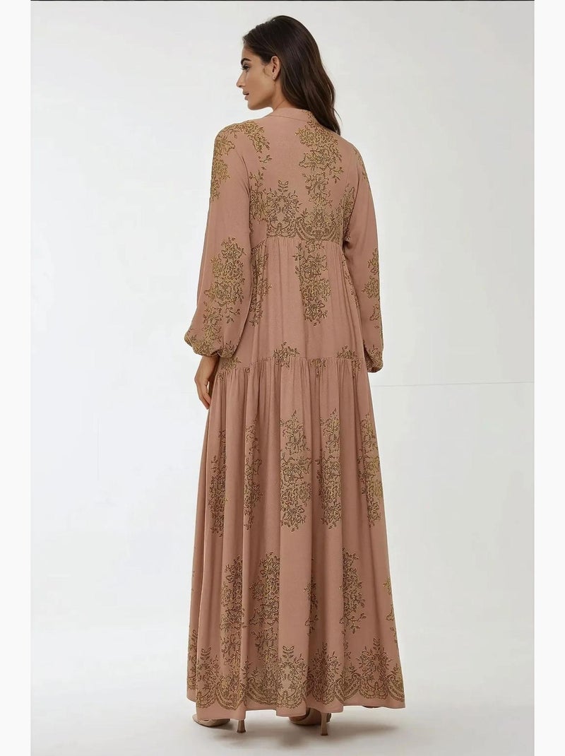 Robe longue en viscose imprimée avec col chemise hiccup Marron clair - Kiabi