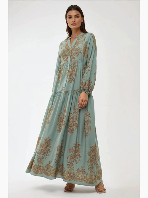 Robe longue en viscose imprimée avec col chemise hiccup - Kiabi Robe longue en viscose imprimée avec col chemise hiccup - Kiabi