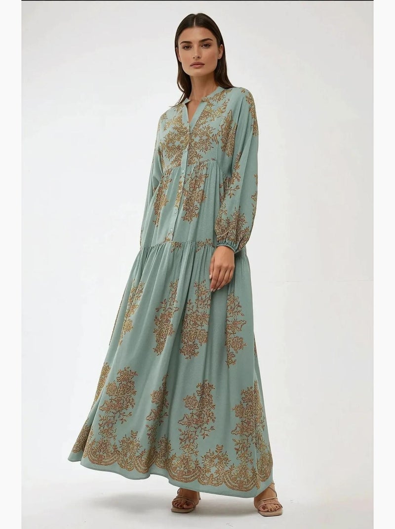 Robe longue en viscose imprimée avec col chemise hiccup Vert menthe - Kiabi