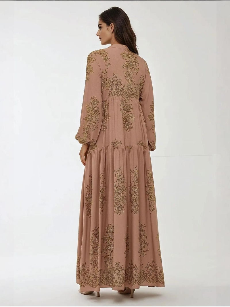 Robe longue en viscose imprimée avec col chemise Marron clair - Kiabi