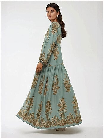 Robe longue en viscose imprimée avec col chemise
