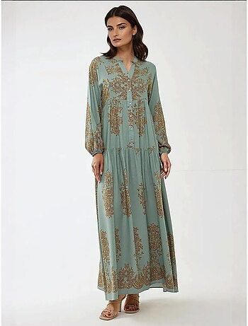 Robe longue en viscose imprimée avec col chemise