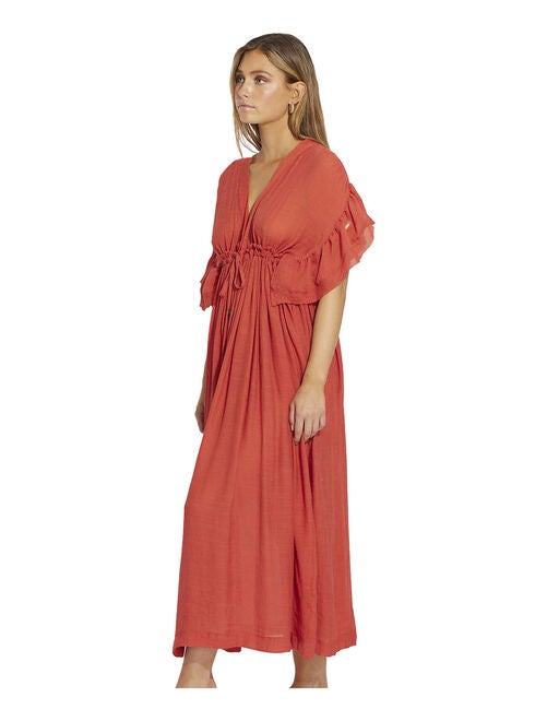 Robe longue rouge élégante en coton à volants et dos nu pour l'été