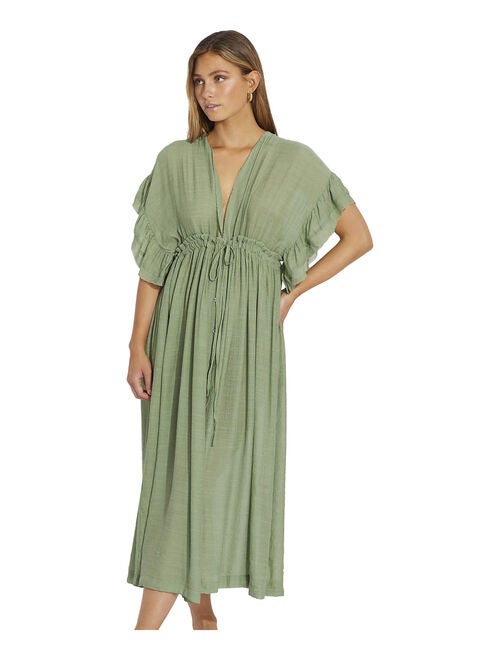 Robe d'été à volants en coton vert armée à bretelles spaghetti et fleurs