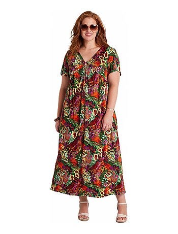 Robe longue évasée col V bijou imprimée