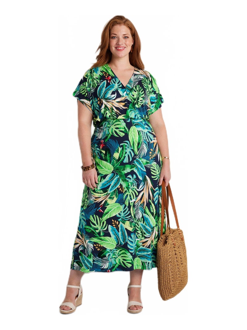 Robe longue évasée imprimé tropical Vert - Kiabi