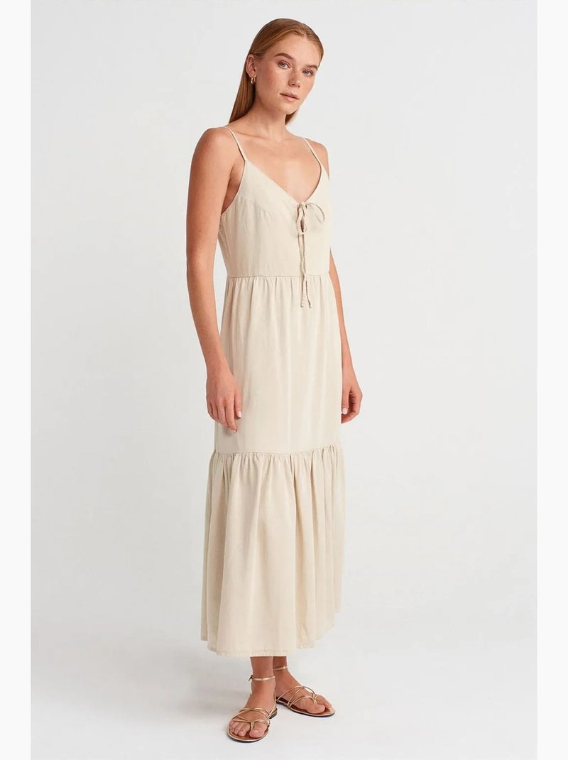 Robe longue évasée sans manches nouée devant dilvin Beige argile - Kiabi