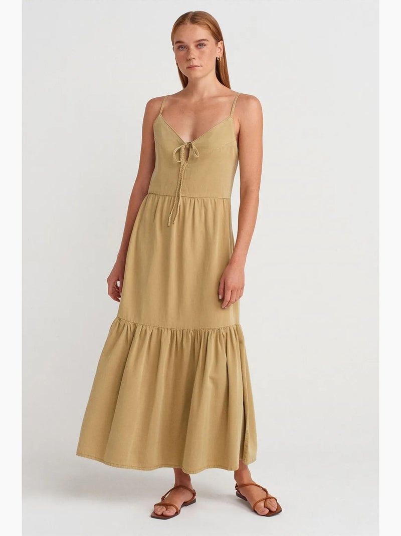 Robe longue évasée sans manches nouée devant dilvin Kaki - Kiabi