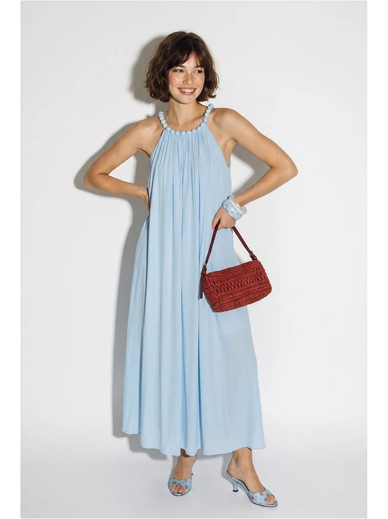 Robe longue femme à col halter et poche lucci Bleu ciel - Kiabi