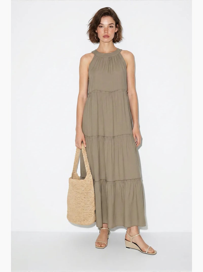 Robe longue femme à col licou lucci Kaki - Kiabi