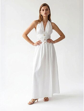 Robe longue femme en popeline de coton à col licou mixray