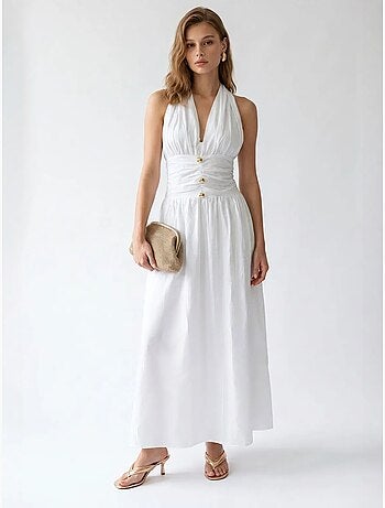 Robe longue femme en popeline de coton à col licou mixray