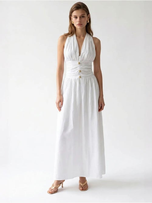 Robe longue femme en popeline de coton à col licou mixray - Kiabi
