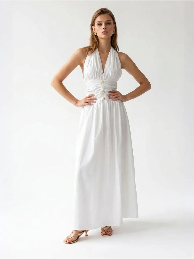 Robe longue femme en popeline de coton à col licou mixray Blanc - Kiabi