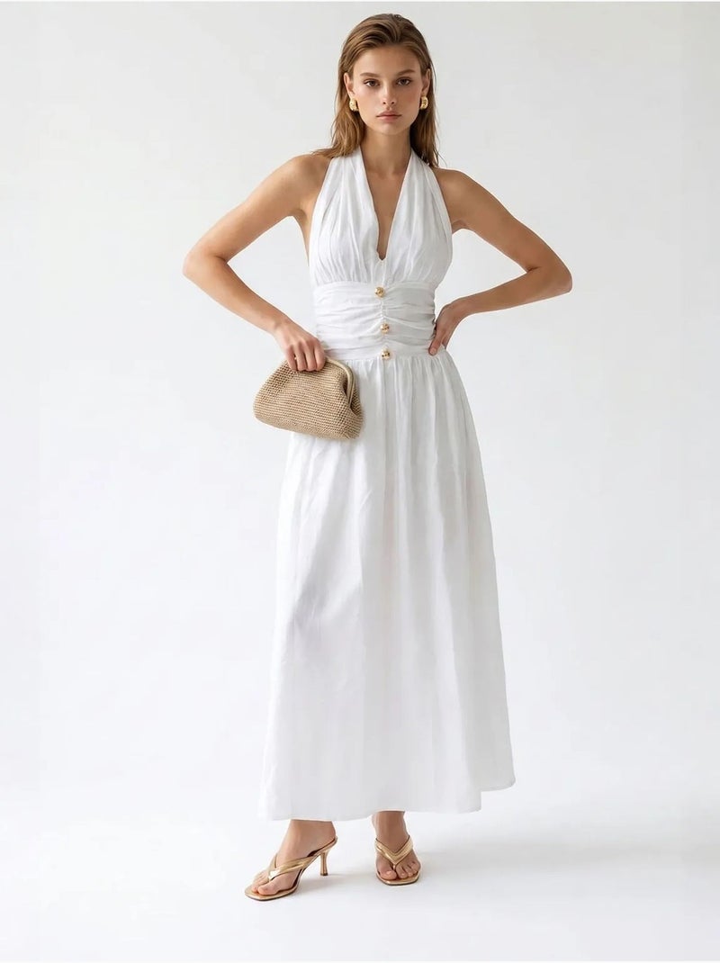 Robe longue femme en popeline de coton à col licou mixray Blanc - Kiabi