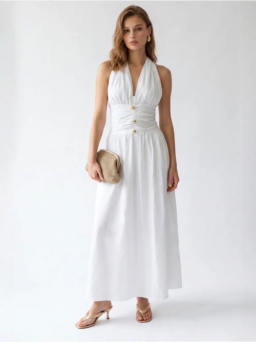 Robe longue femme en popeline de coton à col licou mixray - Kiabi