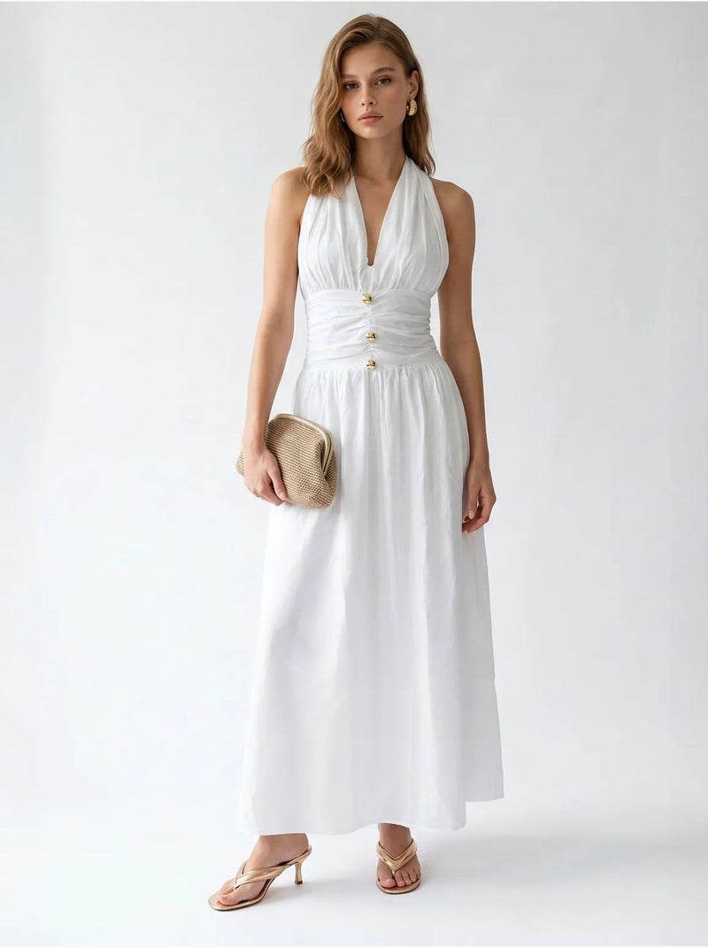 Robe longue femme en popeline de coton à col licou mixray Blanc - Kiabi