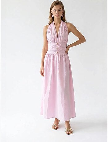 Robe longue femme en popeline de coton à col licou mixray