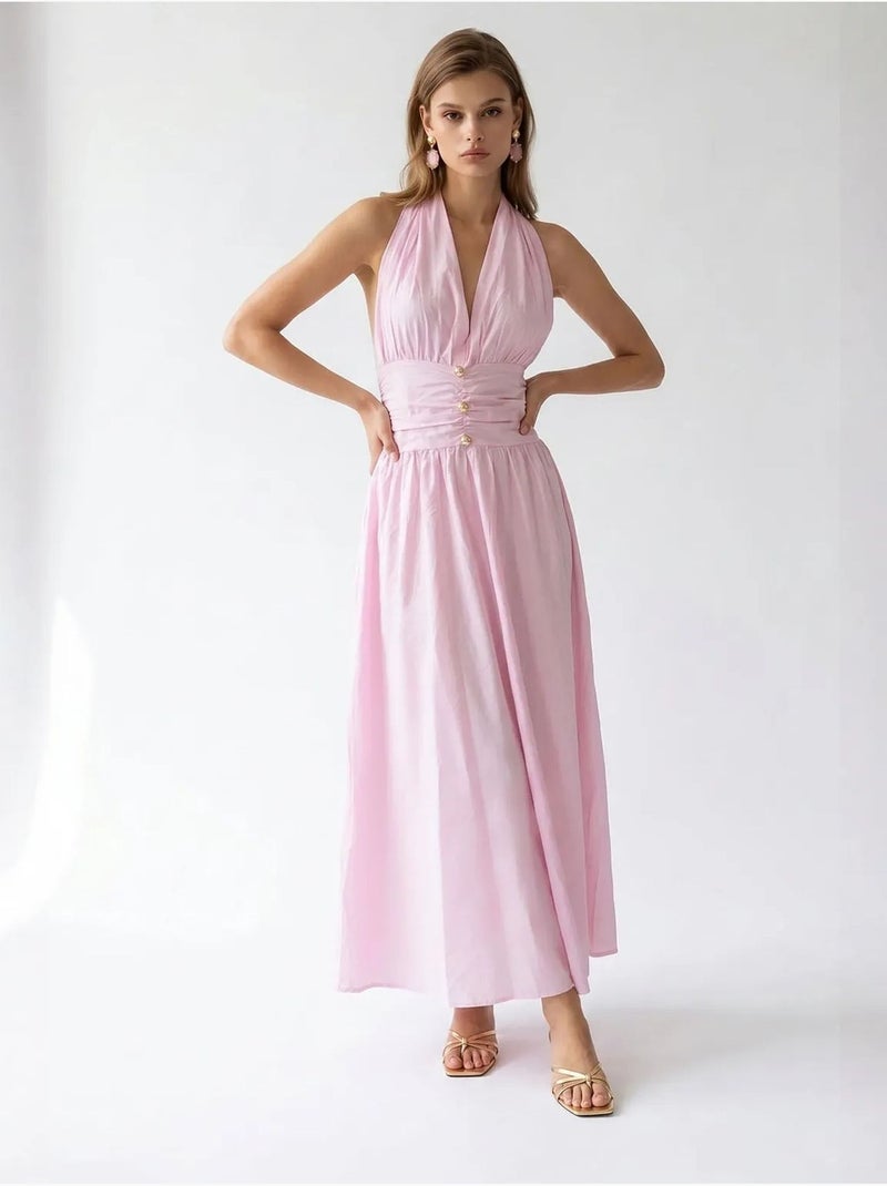 Robe longue femme en popeline de coton à col licou mixray Rose dragée - Kiabi