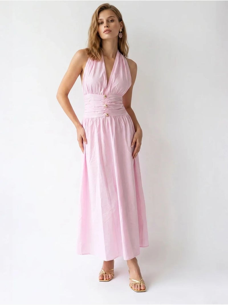 Robe longue femme en popeline de coton à col licou mixray Rose dragée - Kiabi