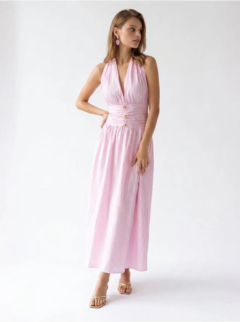 Robe longue femme en popeline de coton à col licou mixray Rose dragée - Kiabi