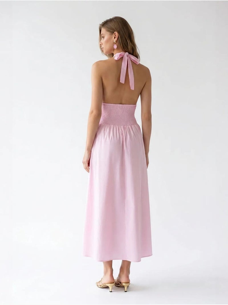 Robe longue femme en popeline de coton à col licou mixray Rose dragée - Kiabi