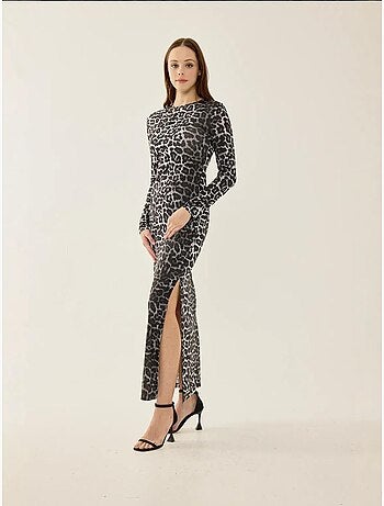 Robe longue fendue à imprimé léopard