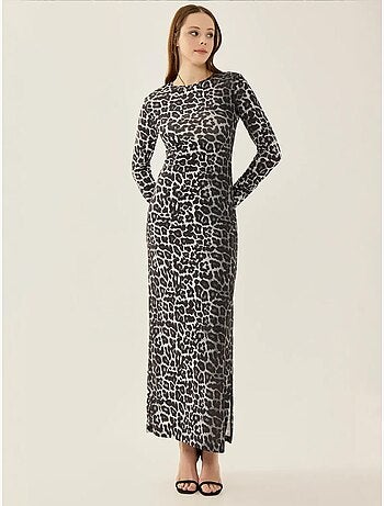 Robe longue fendue à imprimé léopard