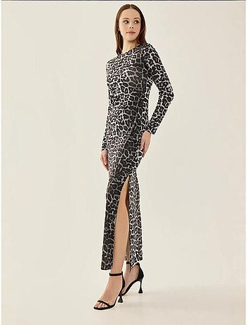 Robe longue fendue à imprimé léopard
